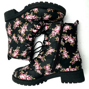 JELLYPOP | Women's 7.5 Black Pink Floral Combat‎ Chunky Heel Ramsey Ankle Boots